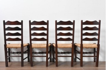 中古　松本民芸家具　ラッシ座面　波打つ背板が特徴の#22型ラダーバックチェア4脚セット　定価(4脚合計)約64万円　(R-085986)