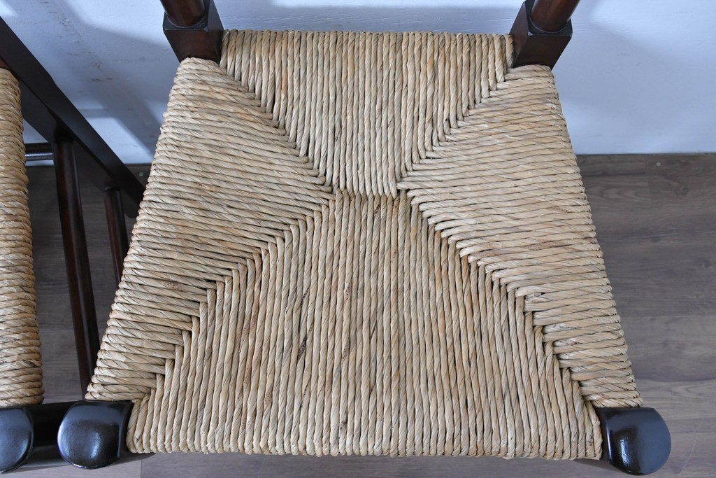 中古　松本民芸家具　ラッシ座面　波打つ背板が特徴の#22型ラダーバックチェア4脚セット　定価(4脚合計)約64万円　(R-085986)