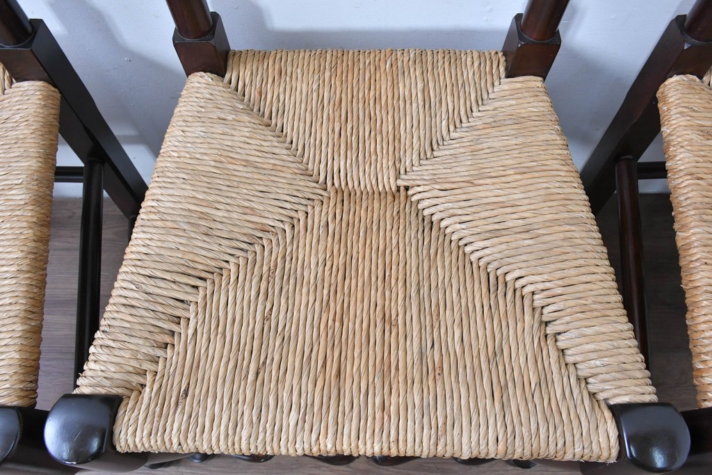 中古　松本民芸家具　ラッシ座面　波打つ背板が特徴の#22型ラダーバックチェア4脚セット　定価(4脚合計)約64万円　(R-085986)