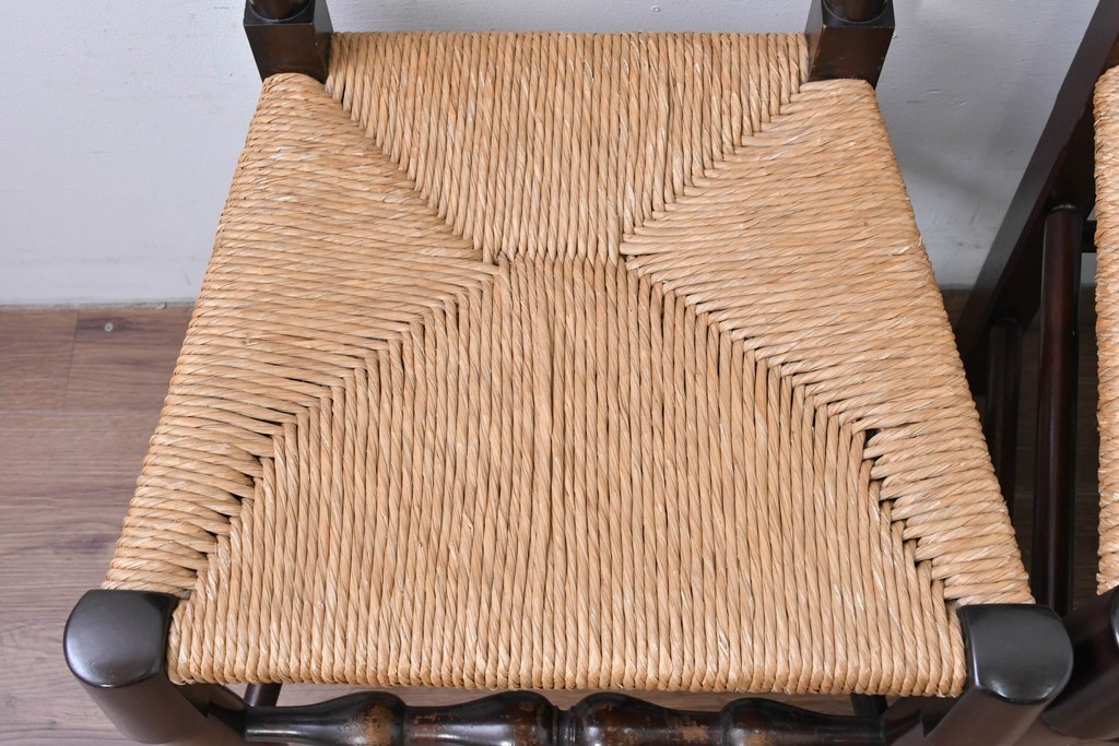 中古　松本民芸家具　ラッシ座面　波打つ背板が特徴の#22型ラダーバックチェア4脚セット　定価(4脚合計)約64万円　(R-085986)