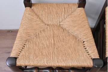 中古　松本民芸家具　ラッシ座面　波打つ背板が特徴の#22型ラダーバックチェア4脚セット　定価(4脚合計)約64万円　(R-085986)