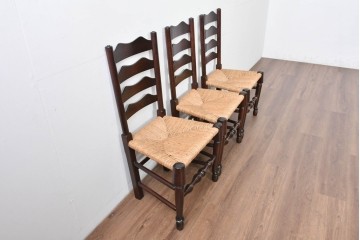 中古　松本民芸家具　ラッシ座面　波打つ背板が特徴の#22型ラダーバックチェア3脚セット　定価(3脚合計)約48万円　(R-085987)