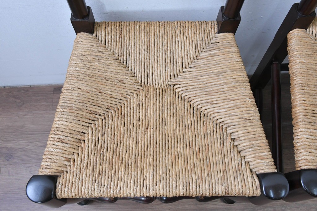 中古　松本民芸家具　ラッシ座面　波打つ背板が特徴の#22型ラダーバックチェア3脚セット　定価(3脚合計)約48万円　(R-085987)