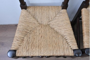 中古　松本民芸家具　ラッシ座面　波打つ背板が特徴の#22型ラダーバックチェア3脚セット　定価(3脚合計)約48万円　(R-085987)