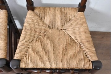 中古　松本民芸家具　ラッシ座面　波打つ背板が特徴の#22型ラダーバックチェア3脚セット　定価(3脚合計)約48万円　(R-085987)