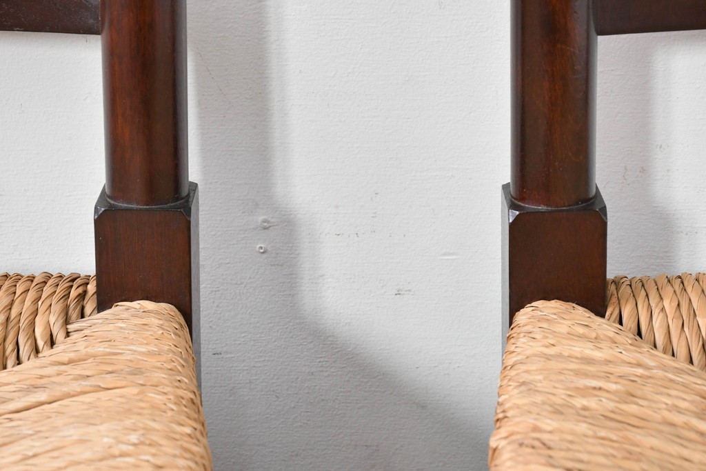 中古　松本民芸家具　ラッシ座面　波打つ背板が特徴の#22型ラダーバックチェア3脚セット　定価(3脚合計)約48万円　(R-085987)