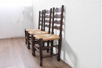 中古　松本民芸家具　ラッシ座面　波打つ背板が特徴の#22型ラダーバックチェア3脚セット　定価(3脚合計)約48万円　(R-085987)