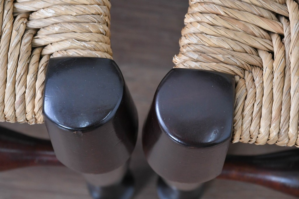 中古　松本民芸家具　ラッシ座面　波打つ背板が特徴の#22型ラダーバックチェア3脚セット　定価(3脚合計)約48万円　(R-085987)