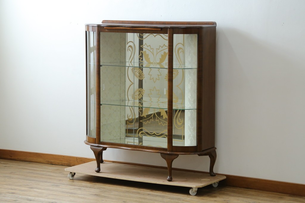 イギリスアンティーク　希少デザイン　BARGET BUILT(バーゲット・ビルト)　両サイドに隠し収納が付いたミラーバックガラスキャビネット　(R-085997)