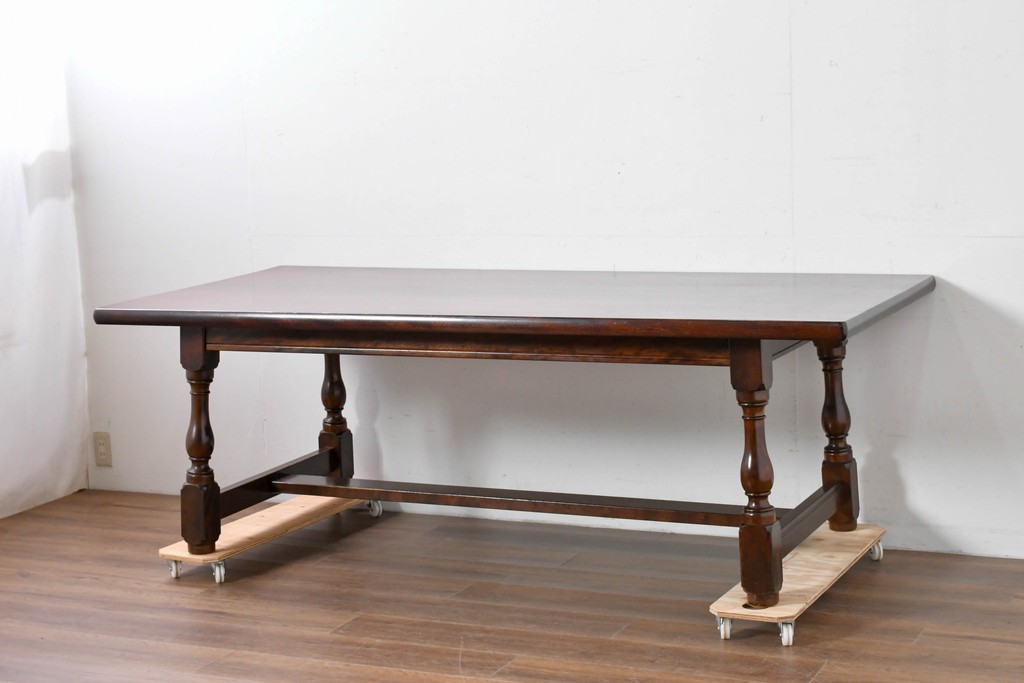 中古　松本民芸家具　クラシカルな挽き物脚のLT型食卓　定価約61万6千円　(R-085999)
