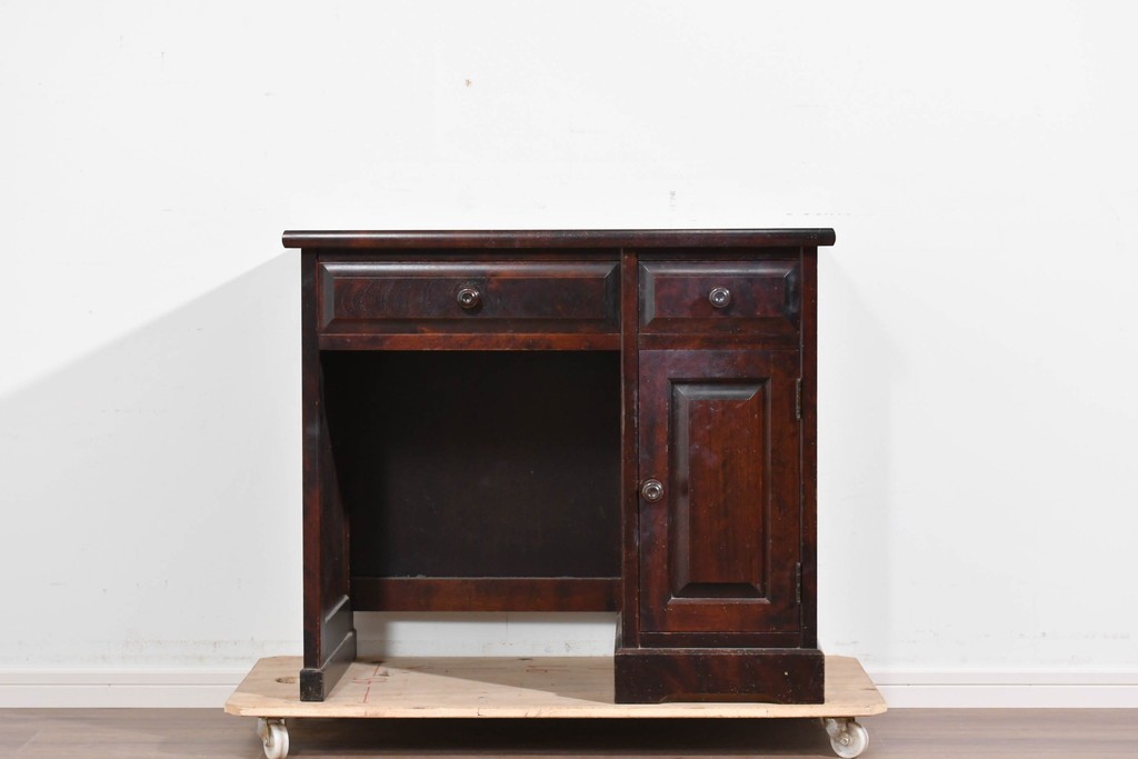 中古　北海道民芸家具　ドレッサーリメイク　引き出しと扉収納で整理しやすい片袖机　(R-086012)