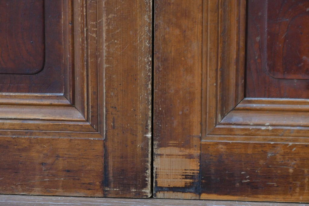 アンティーク建具　昭和初期　腰板欅(ケヤキ)材　裏ガラス付き　細やかな縦格子が美しい格子戸3枚セット　(R-086049)