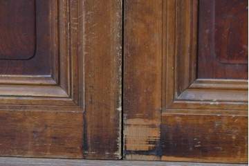 アンティーク建具　昭和初期　腰板欅(ケヤキ)材　裏ガラス付き　細やかな縦格子が美しい格子戸3枚セット　(R-086049)