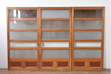 アンティーク建具　昭和初期　腰板欅(ケヤキ)材　裏ガラス付き　細やかな縦格子が美しい格子戸3枚セット　(R-086049)
