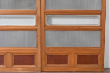 アンティーク建具　昭和初期　腰板欅(ケヤキ)材　裏ガラス付き　細やかな縦格子が美しい格子戸3枚セット　(R-086049)