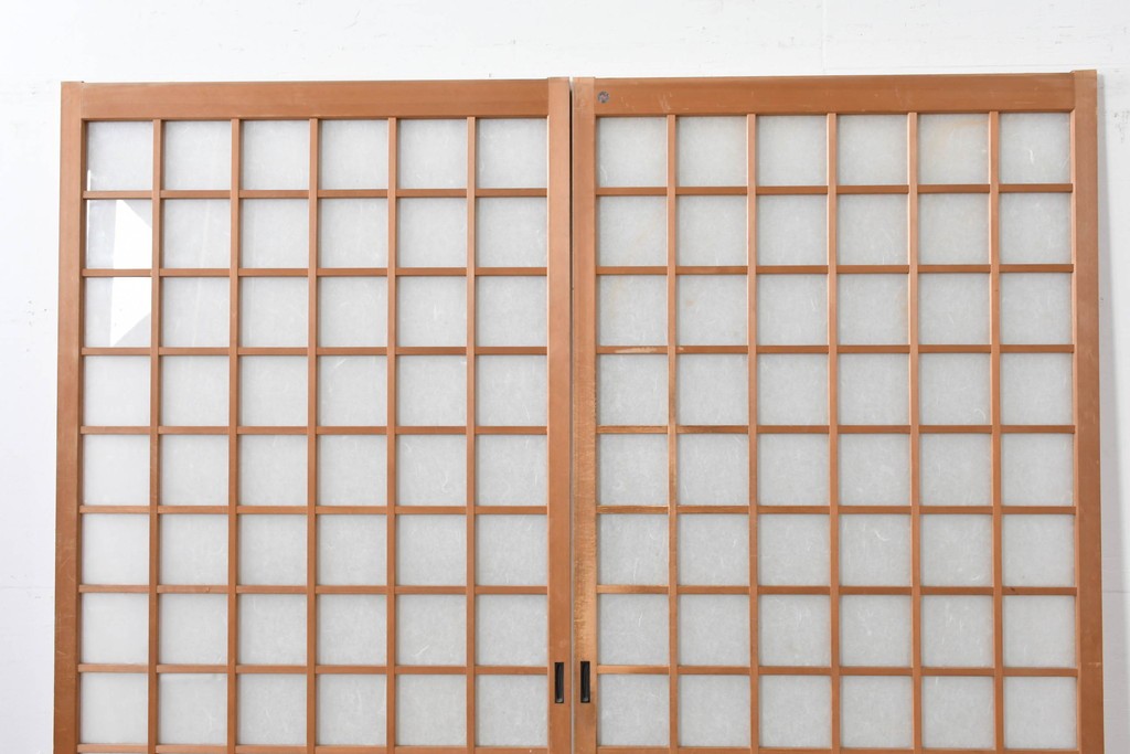 ヴィンテージ建具　昭和後期　端正な狐格子が整然と並ぶアクリル板入り引き戸2枚セット　(R-086051)