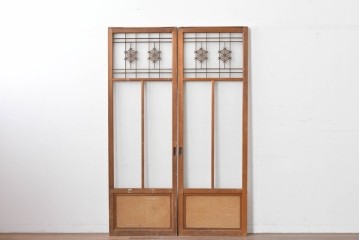 ヴィンテージ建具　昭和中期　組子細工が目を引く幅狭ガラス戸2枚セット　(R-086054)