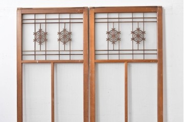 ヴィンテージ建具　昭和中期　組子細工が目を引く幅狭ガラス戸2枚セット　(R-086054)