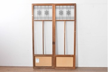 ヴィンテージ建具　昭和中期　組子細工が目を引く幅狭ガラス戸2枚セット　(R-086054)
