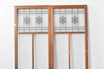 ヴィンテージ建具　昭和中期　組子細工が目を引く幅狭ガラス戸2枚セット　(R-086054)