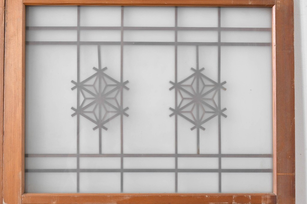 ヴィンテージ建具　昭和中期　組子細工が目を引く幅狭ガラス戸2枚セット　(R-086054)