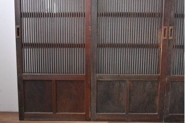 アンティーク建具　昭和初期　背高×幅狭　落ち着いた木味が魅力のガラス入り格子戸4枚セット　(R-086059)