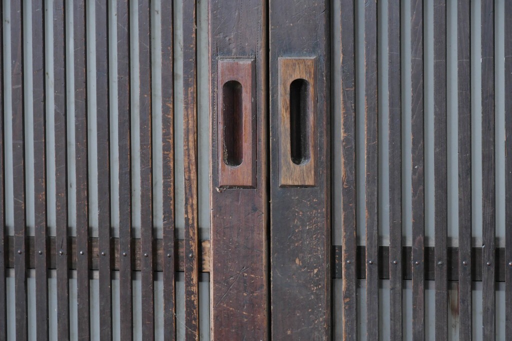 アンティーク建具　昭和初期　背高×幅狭　落ち着いた木味が魅力のガラス入り格子戸4枚セット　(R-086059)