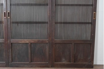 アンティーク建具　昭和初期　背高×幅狭　落ち着いた木味が魅力のガラス入り格子戸4枚セット　(R-086059)