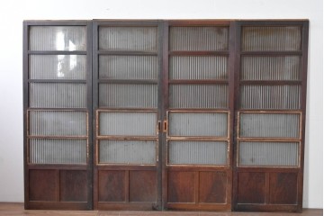 アンティーク建具　昭和初期　背高×幅狭　落ち着いた木味が魅力のガラス入り格子戸4枚セット　(R-086059)