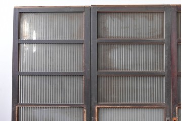 アンティーク建具　昭和初期　背高×幅狭　落ち着いた木味が魅力のガラス入り格子戸4枚セット　(R-086059)