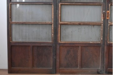 アンティーク建具　昭和初期　背高×幅狭　落ち着いた木味が魅力のガラス入り格子戸4枚セット　(R-086059)