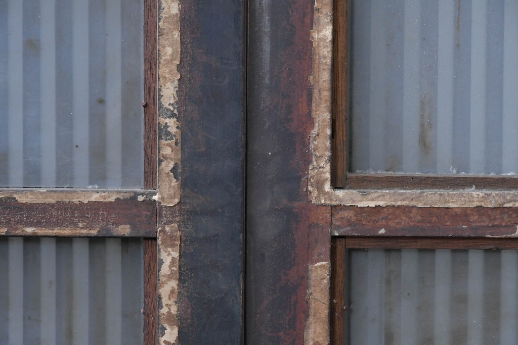 アンティーク建具　昭和初期　背高×幅狭　落ち着いた木味が魅力のガラス入り格子戸4枚セット　(R-086059)