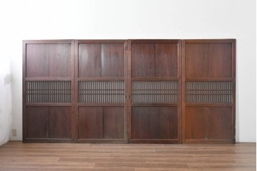 アンティーク建具　大正期　深みのある色味と格子帯が目を引くガラス入り格子帯戸4枚セット　(R-086060)