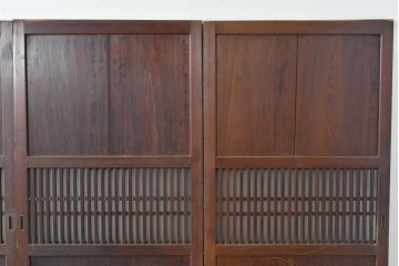 アンティーク建具　大正期　深みのある色味と格子帯が目を引くガラス入り格子帯戸4枚セット　(R-086060)