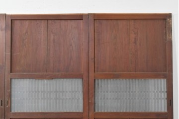 アンティーク建具　大正期　深みのある色味と格子帯が目を引くガラス入り格子帯戸4枚セット　(R-086060)