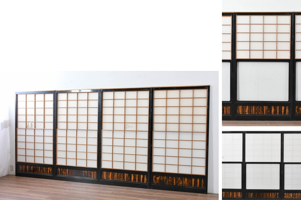 ヴィンテージ建具　昭和中期　高級品!!　漆塗り枠・黒柿材腰板　雪見障子戸(擦り上げ障子戸)4枚セット　(R-086061)