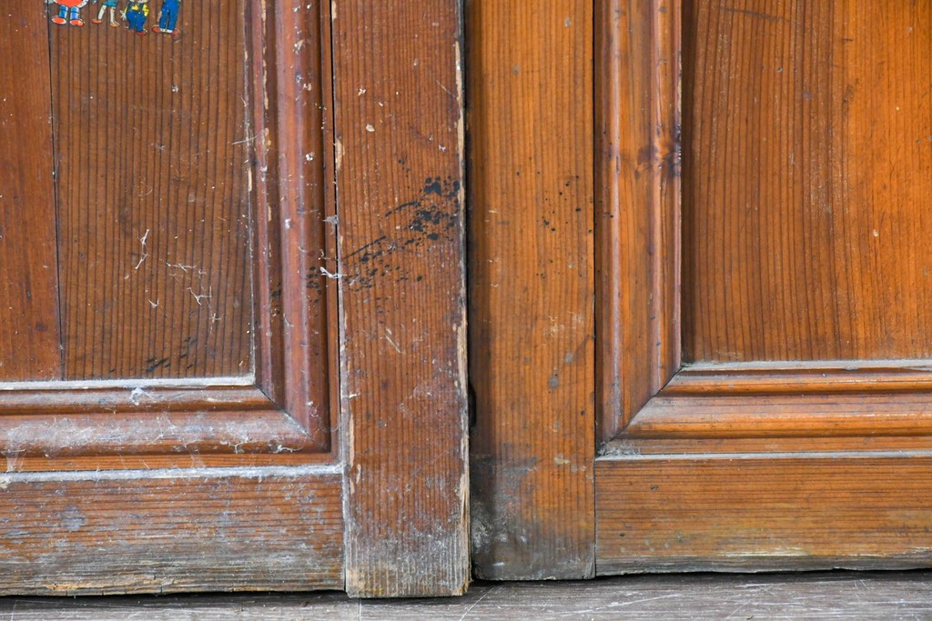 アンティーク建具　昭和初期から中期　細やかな格子とやわらかな光を通す裏ガラス入りの幅狭格子戸4枚セット　(R-086065)