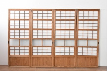アンティーク建具　大正期　裏障子付き　味わいある木味が楽しめる幅狭格子戸4枚セット　(R-086067)