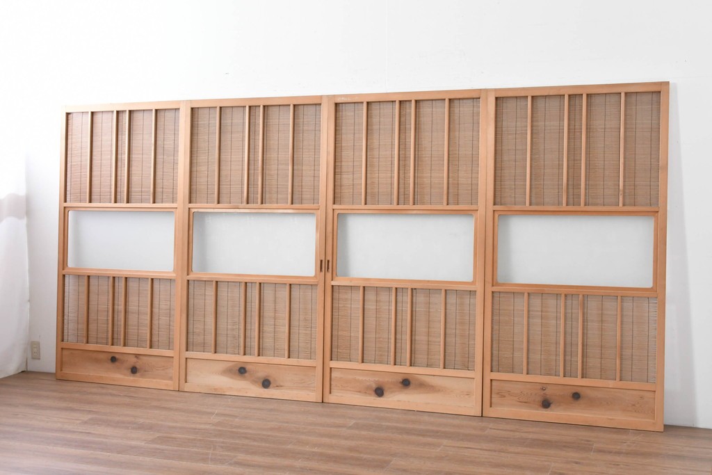 ヴィンテージ建具　昭和後期　細やかな簾とガラス窓が涼やかな簾戸4枚セット　(R-086070)