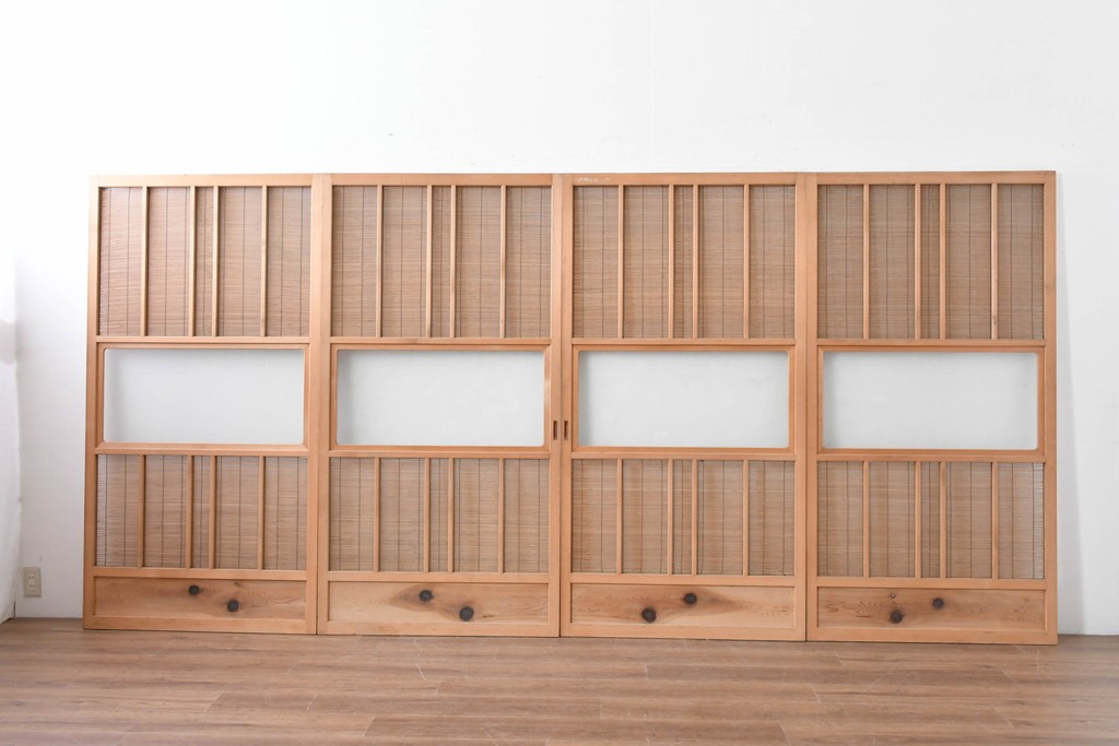 ヴィンテージ建具　昭和後期　細やかな簾とガラス窓が涼やかな簾戸4枚セット　(R-086070)