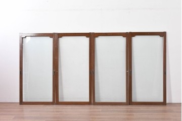 アンティーク建具　昭和初期　ナラ材　落ち着いた木色と大きなガラス面が印象的な家具用ガラス窓4枚セット　(R-086088)