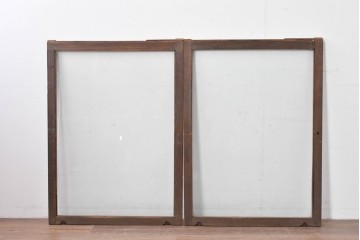 アンティーク建具　昭和初期　ナラ材　落ち着いた木色と大きなガラス面が印象的な家具用ガラス窓2枚セット　(R-086089)