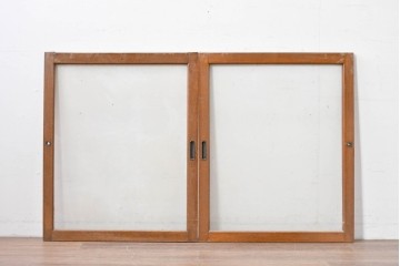 アンティーク建具　昭和初期　ナラ材　家具用　広いガラス面がすっきりとした印象のガラス窓2枚セット　(R-086093)