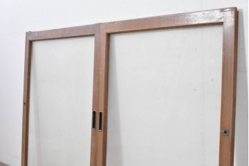 アンティーク建具　昭和初期　ナラ材　家具用　広いガラス面がすっきりとした印象のガラス窓2枚セット　(R-086093)