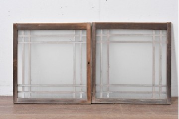 アンティーク建具　昭和初期　格子状の凝った桟使いが素敵な窓2枚セット　(R-086096)