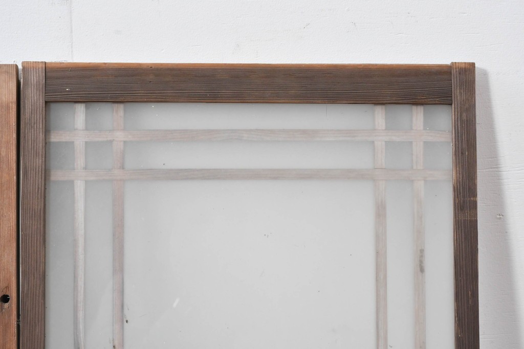 アンティーク建具　昭和初期　格子状の凝った桟使いが素敵な窓2枚セット　(R-086096)