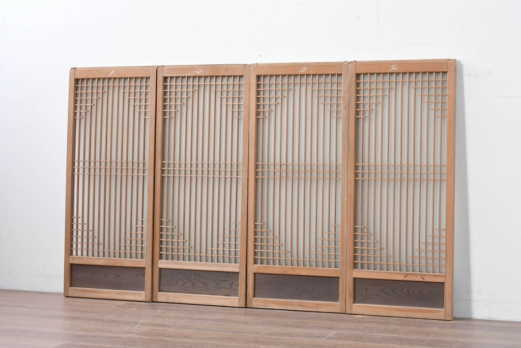 アンティーク建具　昭和初期　組子細工が美しい片面ガラス入りの書院戸4枚セット　(R-086103)