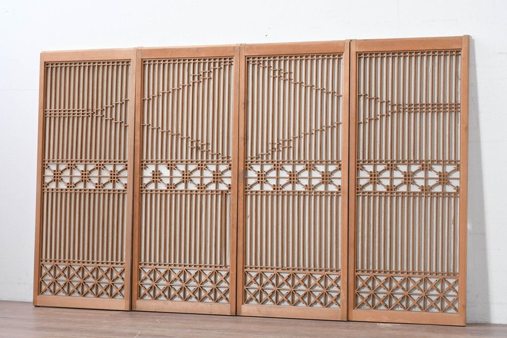 アンティーク建具　昭和初期　片面障子の繊細な組子入り書院戸4枚セット　(R-086104)
