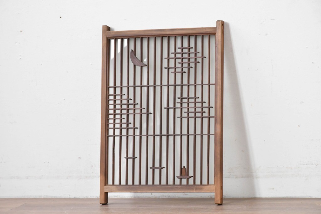 アンティーク建具　昭和初期　片面ガラス　組子に月と船モチーフが映える書院窓1枚　(R-086105)