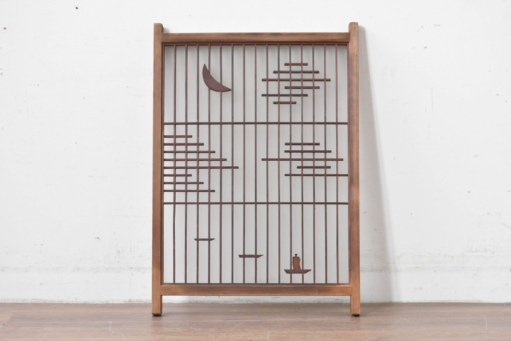 アンティーク建具　昭和初期　片面ガラス　組子に月と船モチーフが映える書院窓1枚　(R-086105)